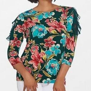 Susan Graver Floral Top XL Lace Ruffle Sleeve Liquid Knit QVC